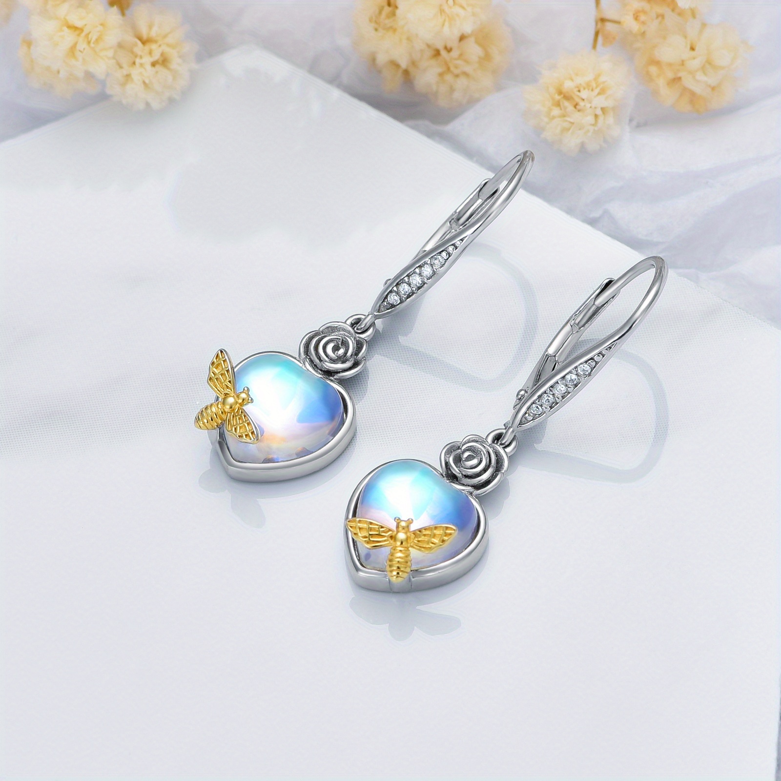 Women's Sterling Silver Bee Dangle Earrings with Synthetic Moonstone